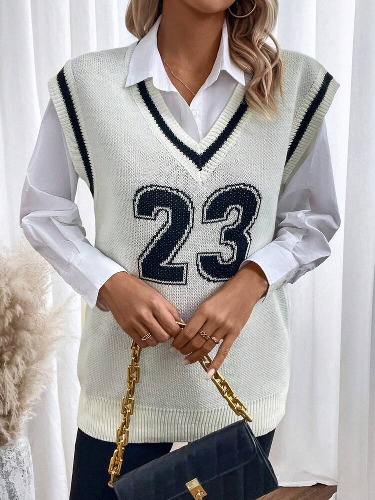 Number Pattern Striped Trim Sweater Vest Without Blouse