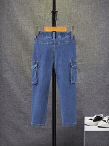 SHEIN Young Boy Ripped Frayed Flap Pocket Side Cargo Jeans - Medium Wash - View 2