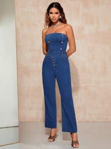 SHEIN BAE Button Front Belted Tube Denim Jumpsuit - Blue - View 4