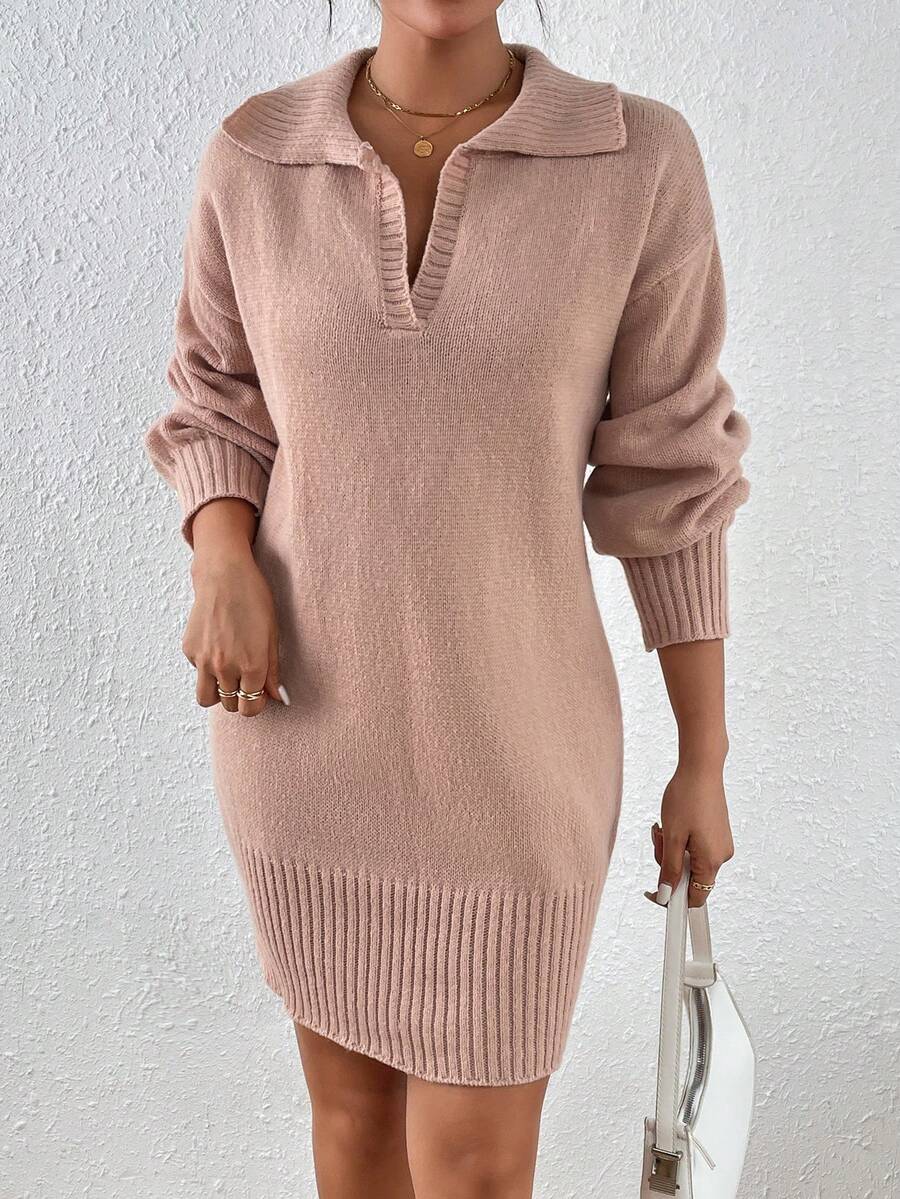 SHEIN Essnce Vestido de punto de hombros caídos tejido de canalé - Rosa vieja - Ver 1