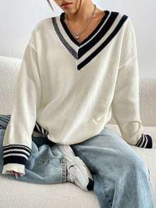 Striped Trim Drop Shoulder Sweater - Beige - View 4