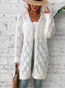 SHEIN VCAY Pointelle Knit Drop Shoulder Cardigan - Apricot - View 3