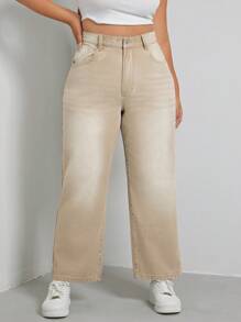 SHEIN EZwear 大碼高腰直筒牛仔褲 - 卡其色 - 查看 1