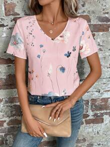 EMERY ROSE Floral Print V Neck Blouse - Pink - View 1
