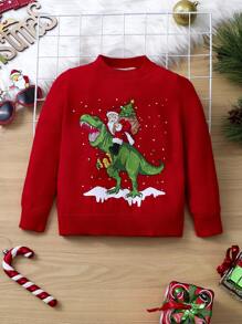 SHEIN Young Boy Christmas Dinosaur Pattern Sweater - Red - View 1