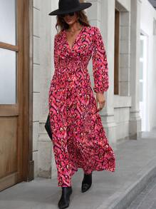 SHEIN Frenchy Allover Print Lantern Sleeve Overlap Collar Dress - Red - View 6