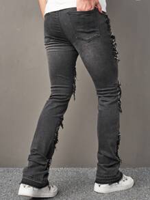 Manfinity EMRG 男士破洞抽鬚緊身牛仔褲 - 黑與白 - 查看 2