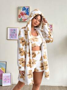 SHEIN EZwear Họa tiết gấu Thả vai áo có mũ Áo khoác Teddy & Quần short - Màu be - Xem 6