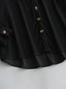 SHEIN LUNE Plus Flap Pocket Drop Shoulder High Low Hem Corduroy Coat - Black - View 3