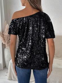 EMERY ROSE Blusa de cuello asimétrico con lentejuelas - Negro - Ver 2
