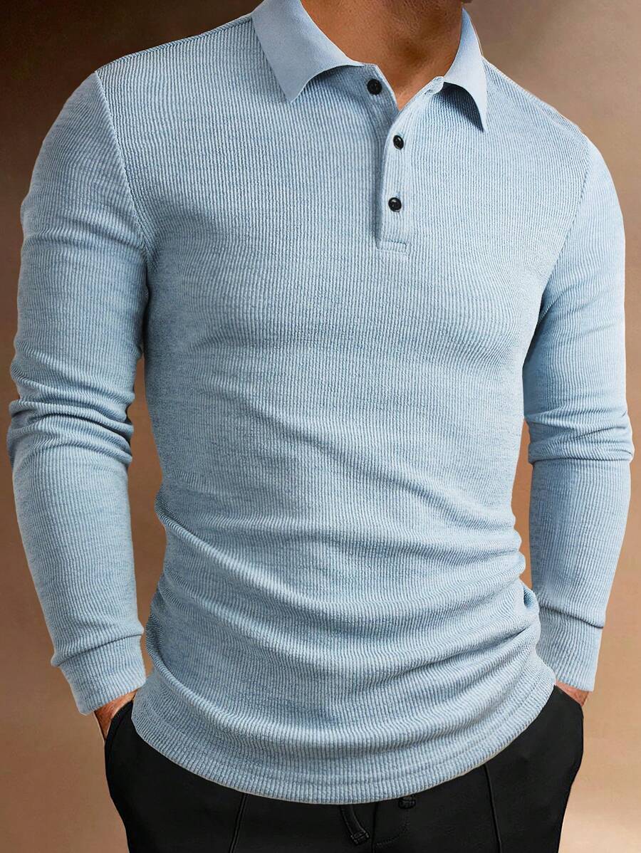 Manfinity Homme 男士純色短袖翻領紐扣休閒Polo衫，適用於丈夫 - 霧霾藍 - 查看 1