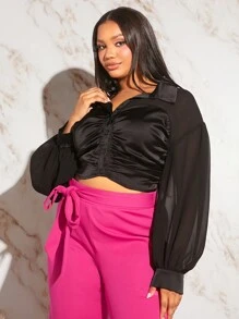 SHEIN SXY 大碼前收褶褶邊緞面襯衫 - 黑色 - 查看 5