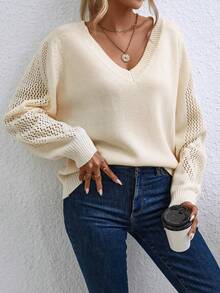 SHEIN Clasi 素色網眼針織插肩袖套頭毛衣 - 米色 - 查看 3