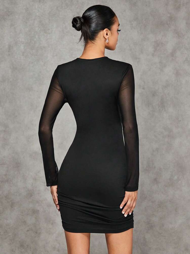 Cut Out Front Mesh Insert Ruched Bodycon Dress