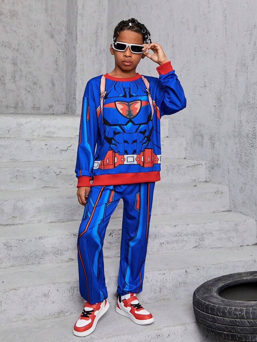 Tween Boy Cartoon Graphic Contrast Trim Drop Shoulder Pullover & Sweatpants - Blue - View 1