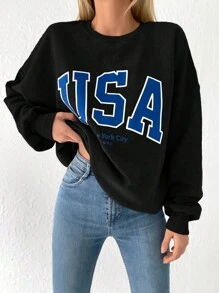 Cloudara Letter Graphic Drop Shoulder Sweatshirt - Black - View 3