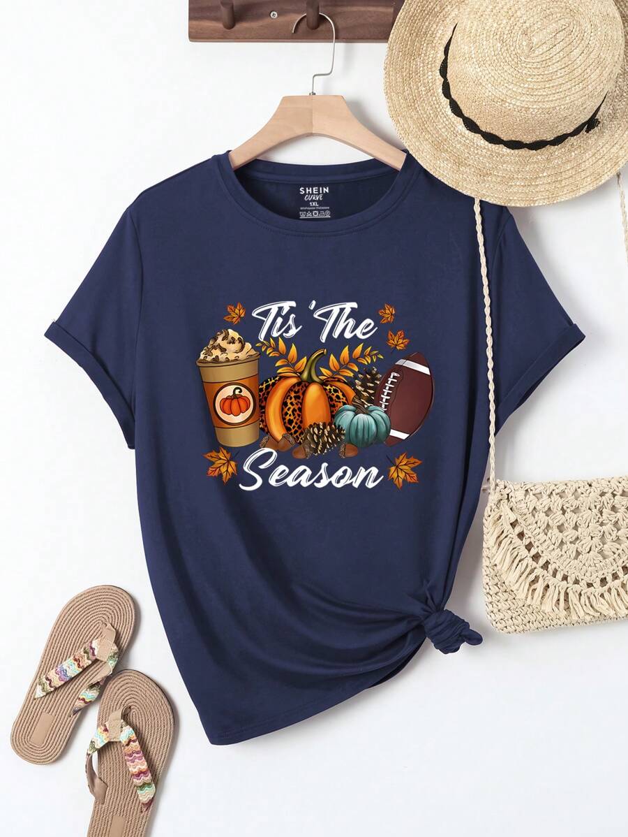 SHEIN LUNE Plus Food And Slogan Graphic Tee - Navy Blue - View 1