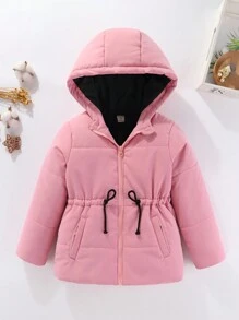 SHEIN Young Girl Drawstring Waist Hooded Padded Coat - Pink - View 3