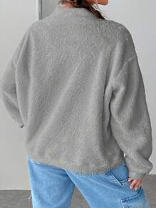 SHEIN EZwear 字母貼布落肩袖搖粒絨運動衫 - 灰色 - 查看 2