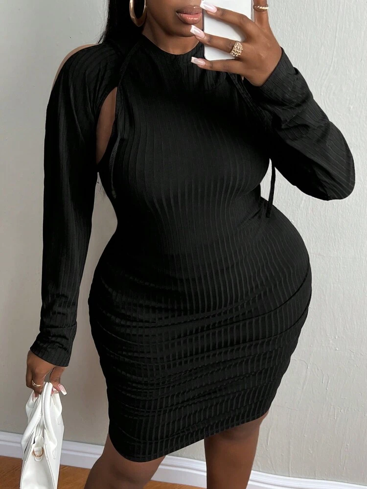 Plus Drawstring Detail Ribbed Knit Bodycon Dress With Arm Sleeves