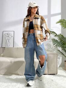 SHEIN Unity Plaid Print Drop Shoulder Zip Up Drop Shoulder Coat - Multicolor - View 5