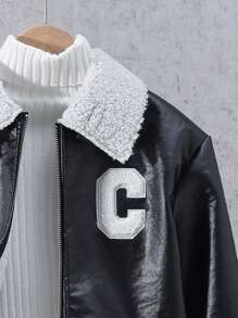 SHEIN Teenager Jungen Mantel aus PU Leder mit Buchstabenaufnäher und Teddyfutter ohne Pullover