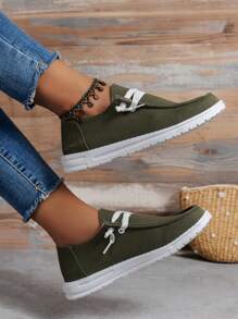 Simple & Casual Style Spring/fall Breathable Flat Canvas Shoes For Women In Olive Green With Lace-up Closure And Minimalist Design - Army Green - View 2