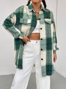 SHEIN Unity Plaid Print Drop Shoulder Flap Detail Overcoat - Green - View 6