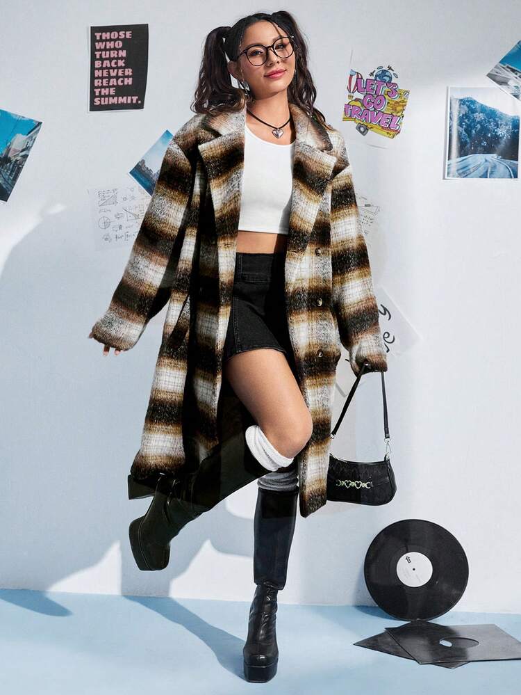 Plaid Print Drop Shoulder Double Breasted Overcoat