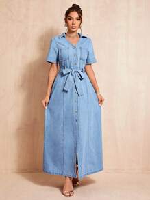 SHEIN BAE 前紐扣腰帶牛仔洋裝 - 淺色水洗藍 - 查看 1