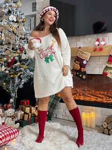 SHEIN Essnce Plus Christmas Print Drop Shoulder Flannel Dress - White - View 1