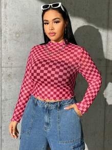 SHEIN EZwear Plus 格纹印花生菜边饰高领网眼上衣，夏季 - 玫紅色 - 查看 6