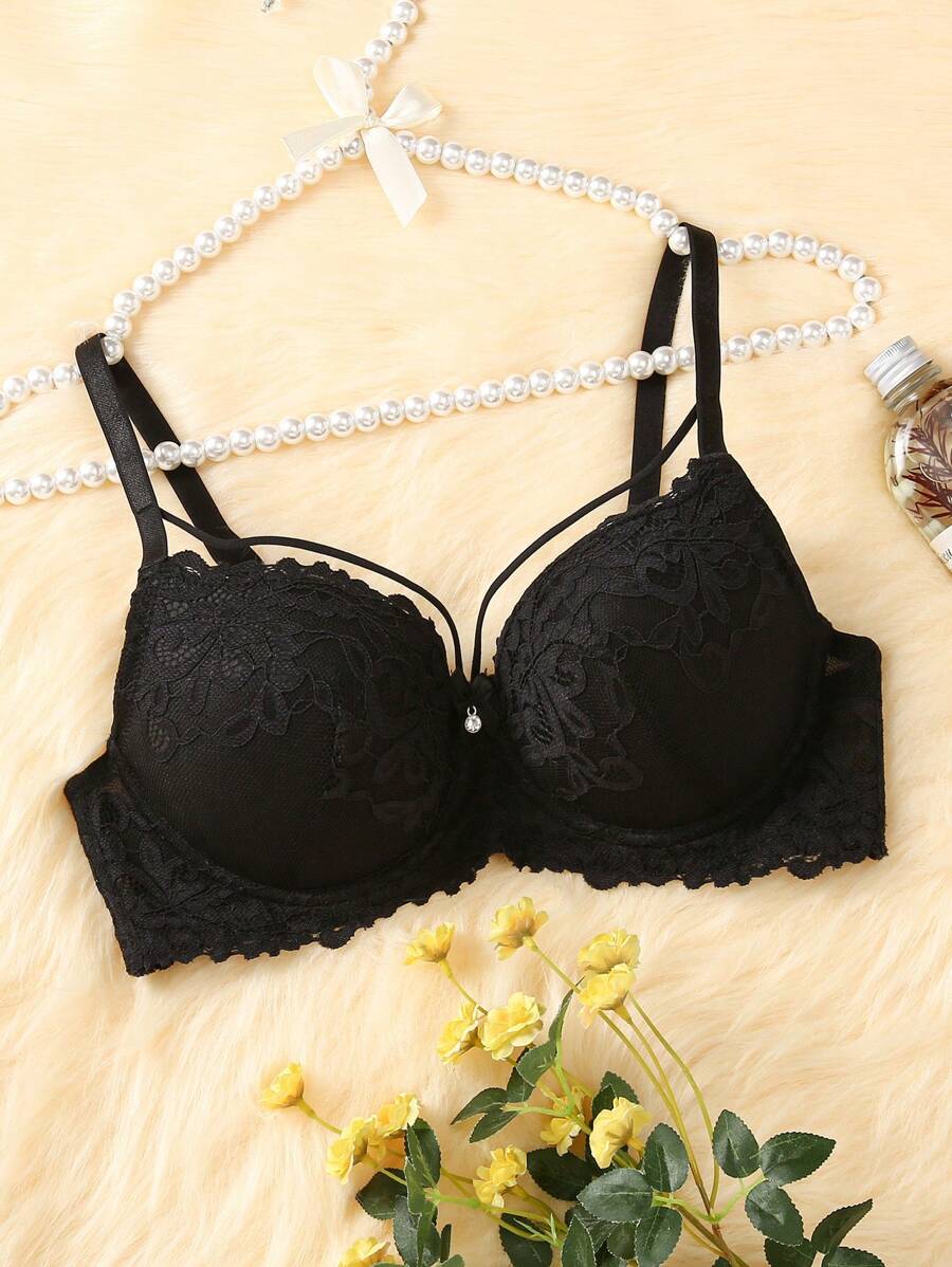 Lencería De Sostén Con Aro De Encaje Floral - Negro - Ver 1