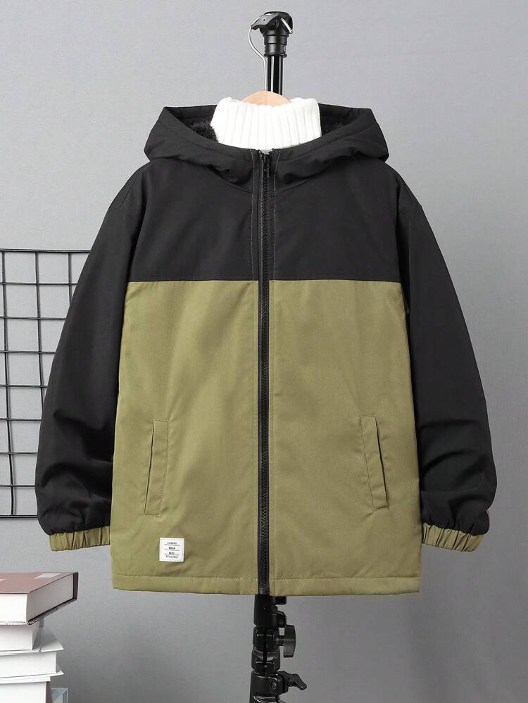 Tween Boy Slogan Graphic Patched Detail Two Tone Hooded Thermal Lined Coat