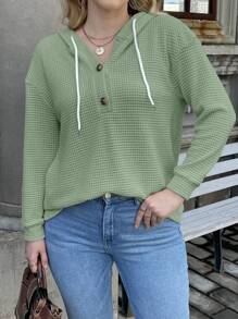 Calvaya 加大码半扣落肩抽绳卫衣 - 綠色 - 查看 1