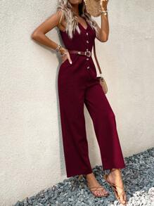 SHEIN Holidaya 休閒前紐扣純色女士連體褲