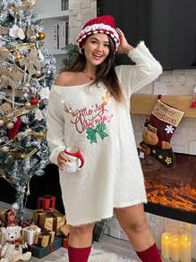 SHEIN Essnce Plus Christmas Print Drop Shoulder Flannel Dress - White - View 6