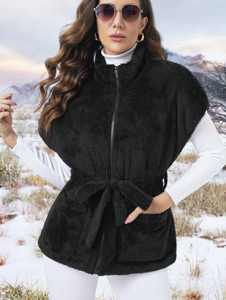 SHEIN LUNE 蝙蝠袖系带法兰绒背心棉服外套冬季 - 黑色 - 查看 1