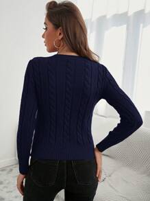EURMUSE Solid Cable Knit Sweater - Navy Blue - View 2