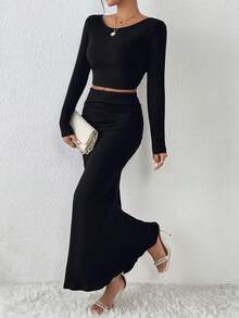 SHEIN Privé Camiseta corta sin espalda unicolor y falda con dobladillo de sirena fruncido - Negro - Ver 3