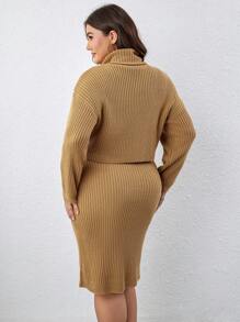 SHEIN Frenchy Plus Turtleneck Drop Shoulder Ribbed Knit Sweater & Knit Skirt - Khaki - View 2