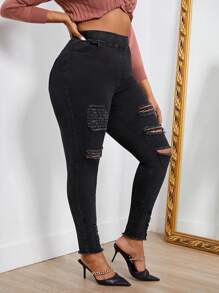 SHEIN SXY Plus Ripped Raw Hem Ripped Skinny Jeans - Black - View 1