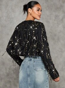 SHEIN BAE 聖誕開門襟短款亮片夾克 - 黑色 - 查看 2