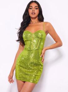 SHEIN BAE Giáng sinh Băng tương phản Kim sa Váy bodycon - màu xanh lá - Xem 3