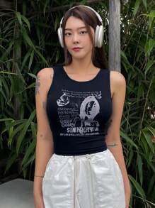 DAZY Khẩu hiệu & Hình ảnh Crop Tank Top - Màu xanh hải quân - Xem 3