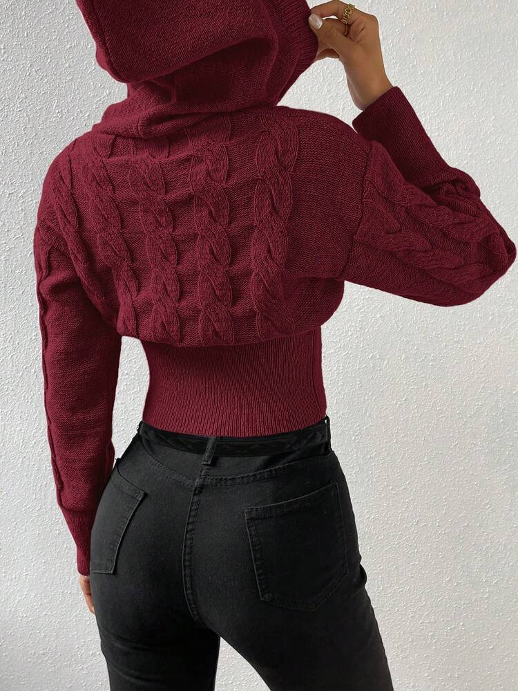 Cable Knit Drop Shoulder Hooded Sweater For New Year Knit Pullover Fall Winter Sweater