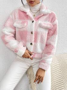 RosyDaze Áo khoác lông cổ bẻ kẻ caro giản dị, túi, thu/đông - Hồng - Xem 3