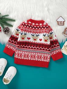 Baby Girl Christmas Elk & Heart Pattern Sweater - Red - View 2