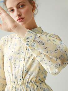 Anewsta Ditsy Floral Print Button Front Shirt Dress - Yellow - View 6
