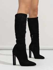 女士尖头保暖内衬拉链高跟过膝长靴，黑色，冬季，性感，派对 - 黑色 - 查看 2